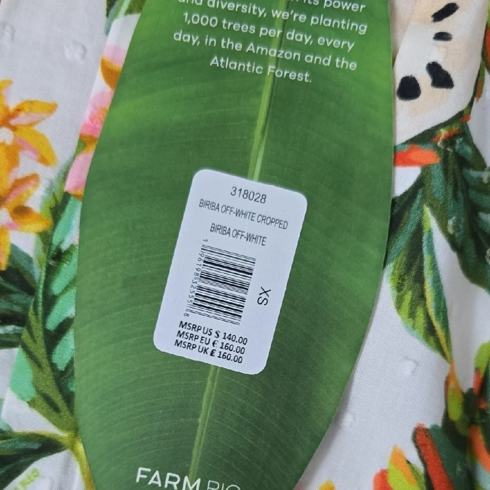 NWT FARM Rio Off-White Biriba Cropped Top Yellow Green Floral Puff Sleeve Blouse